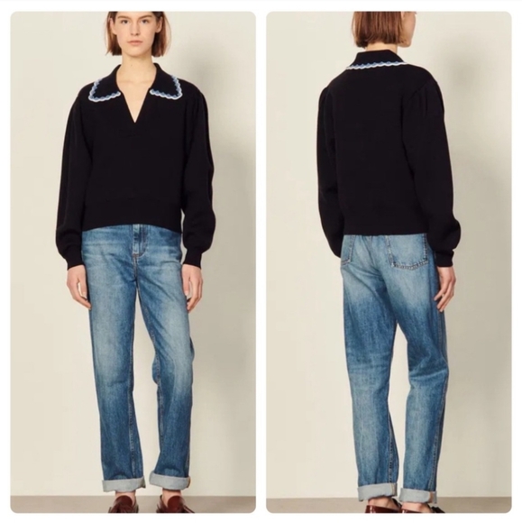 Sandro wool-blend polo style sweater with crochet collar - size 2 (xs/s) - Picture 3 of 9